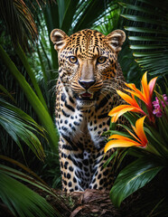 Naklejka premium Leopard portrait in a dark tropical forest