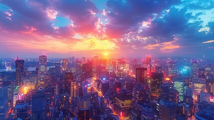 Obraz premium Panoramic view of a bustling city at night, with glowing, colorful lights reflecting off sleek skyscrapers and creating a dynamic, vibrant urban landscape. Watercolor style, high resolution