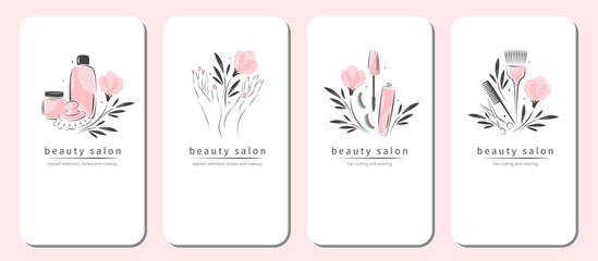 Beauty salon icon set for and nail studio. Manicure, makeup, hairdressing. Vector illustrations