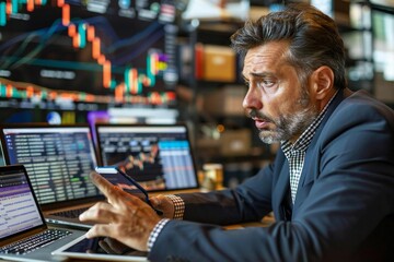 Beautiful businessman looking worried while using cellphone, digital tablet, and laptop with encrypted text on the screen, in office setting.