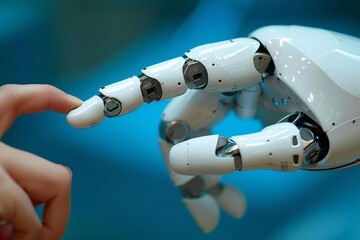 Close-up of beautiful businessperson's finger touching robotic finger on stunning blue background.