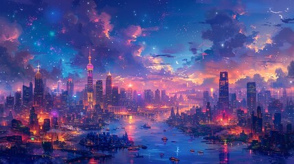 Fototapeta premium The city's vibrant, neon-lit skyline at night, shimmering with radiant lights and bustling activity, creating a lively, energetic atmosphere that feels both majestic and futuristic. Watercolor style,