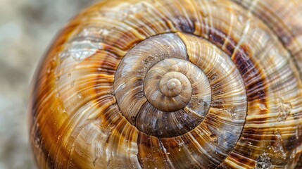 Close-up of a snail shell, highlighting its spiral structure and patterns.