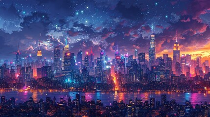 Obraz premium A bustling city skyline at night, glowing with bright, vivid colors and shimmering lights, creating an energetic, picturesque urban landscape that feels both lively and sophisticated. Watercolor