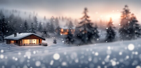 Fototapeta premium Cabin in a Snowy Forest at Sunset
