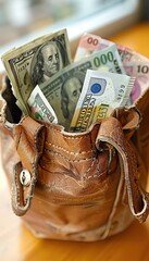 A purse filled with money, ideal for storing valuables