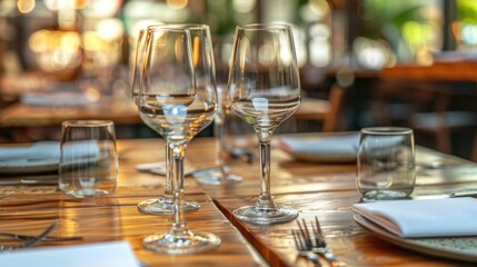 Empty Wine Glasses on a Wooden Table in a Restaurant Setting