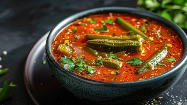 Turkish Okra Soup in Konya Style on Black Background