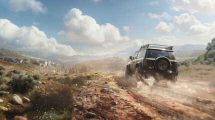 a 4x4 car driving offroad on a dusty countryside road.