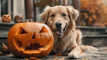Golden Retriever Posing With Jack-O'-Lanterns on Front Porch