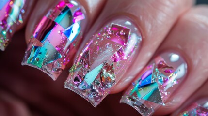 Fototapeta premium Holographic Foil Nail Art Close Up Featuring Iridescent Glitters and Sparkling Fragmented Designs for Modern Manicure Trends