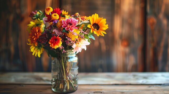 A bouquet of chrysanthemums, dahlias, and sunflowers in a rustic mason jar, set on a wooden table