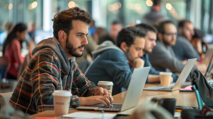 Focused Developers at Hackathon Event Working Together in a Collaborative Workspace**
