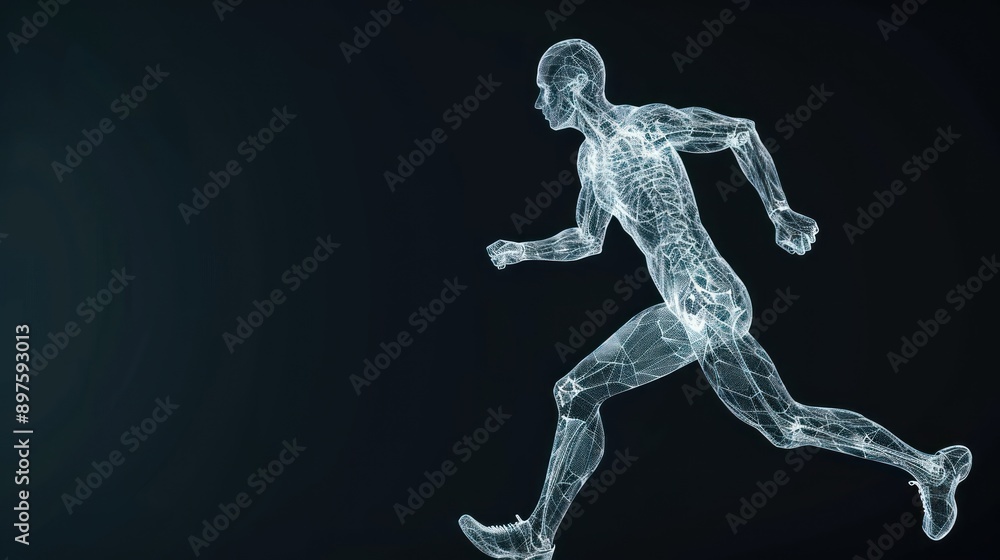 Poster wireframe human figure running in motion