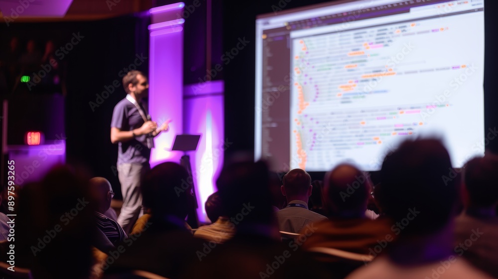 Poster keynote speaker presenting at technology conference with code slides - professional event