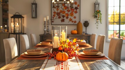 A dining room with a fall-themed table runner, a pumpkin centerpiece, and candles in autumn colors