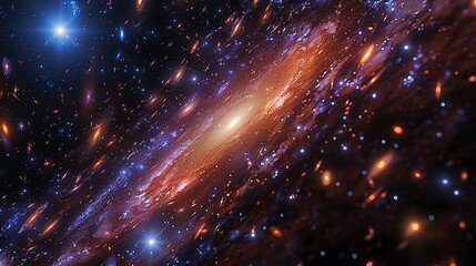 Render of a gravitational lensing effect, distorting the light from distant galaxies as it passes through a massive cluster of galaxies. Watercolor style, high resolution Illustration, in the style