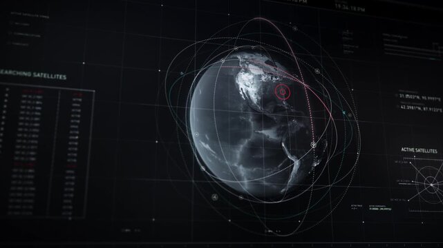 A hacking software activates tracking satellites over the USA to detect any the suspicious activites via Radio signals. User interface. Searching satellites. Active satellites. Earth orbits. USA