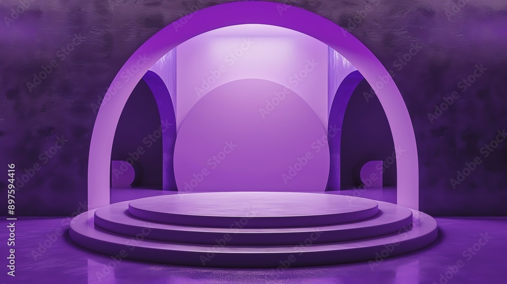 Poster 3d rendering of a purple podium with a circular stage and a curved backdrop. the podium is lit by a 