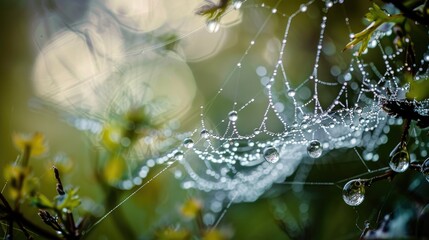Macro shot of water droplets on a spider web after rain.