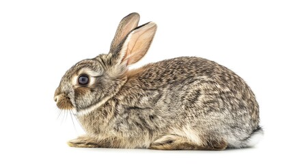 Obraz premium Cute brown bunny rabbit sitting on a white background. The rabbit is looking to the left of the frame.