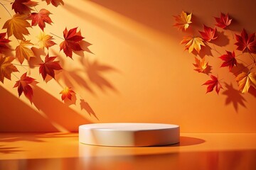 Podium with autumn leaves on a warm orange background with dynamic shadows