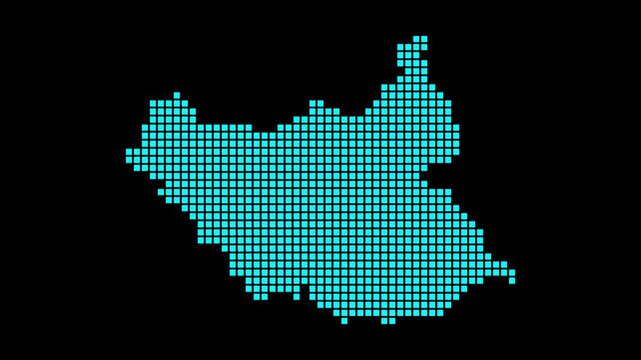 South Sudan digital map. Map of South Sudan in a dotted style. The shape of the country is filled with rectangles. Stylish video.