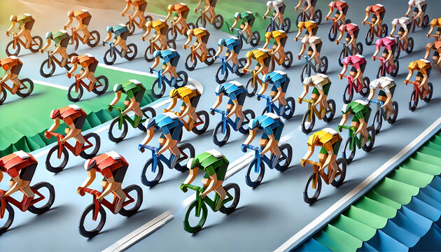 Origami Style Olympic Cycling Race with Colorful Cyclists on Parallel Tracks