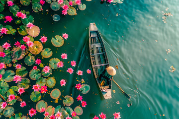 Vietnamese boat navigating a river filled with lotus flowers © Ivan Muñoz Colorado