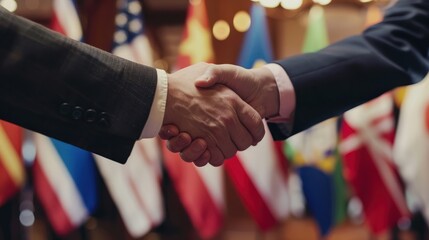 Close-up of a businessperson's hand shaking over an international trade contract, flags of different countries in the background