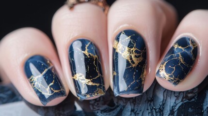Luxurious Navy Blue Nails with Gold Leaf Accents, Perfect for Glamorous Holiday Celebrations, Elegant Nail Art Design