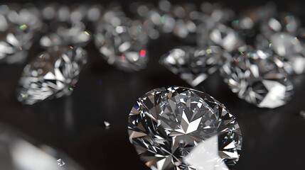 A closeup of a pile of diamonds on a black background. The diamonds are all different sizes and shapes, and they are all sparkling in the light.