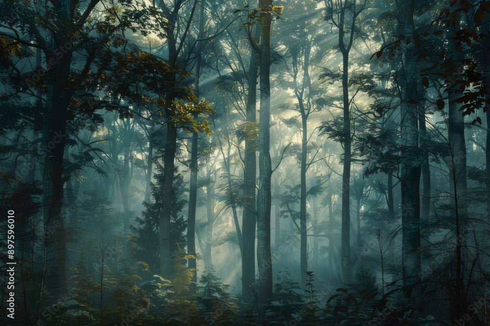 Wall mural a forest where endangered trees are threatened by external factors such as logging, climate change, 