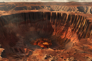 The dramatic landscape of a meteorite impact crater, emphasizing the scale and power of the event that created it - Generative AI