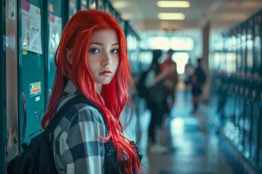 Trendy Schoolgirl with Bright Red Hair Standing Confidently in a School Hallway