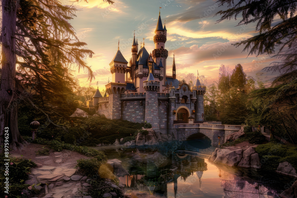 Canvas Prints the enchanting atmosphere of a castle at twilight, with the setting sun casting a warm glow over the