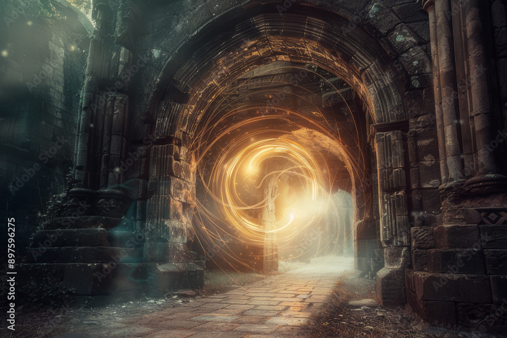 Wall mural an image showcasing an ancient stone archway surrounded by mysterious runes, with a swirling vortex 