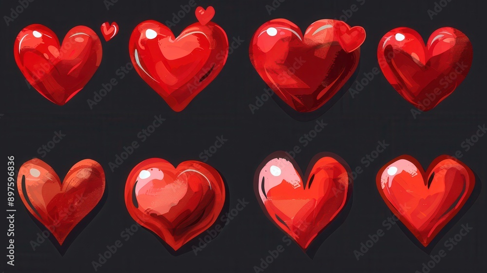 Aufkleber a collection of red heart illustrations, each in a slightly different style, with glossy textures an