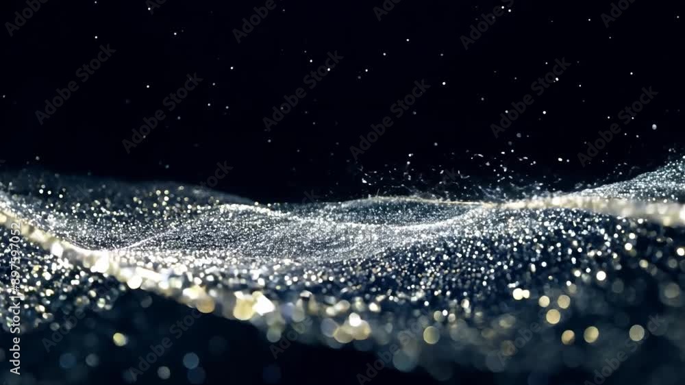 Poster a wave of glittering silver particles moves across a black background, with a few specks of light fl
