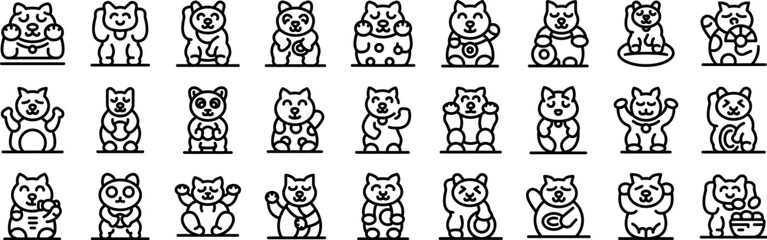 Maneki icons set. Collection of adorable japanese lucky cats waving, sitting and holding various objects