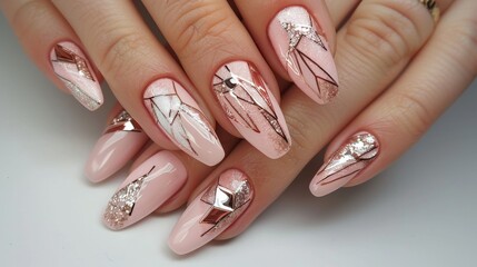 Elegant Rose Gold Geometric Nail Art Design, Perfect for Modern and Stylish Manicures, Beauty and Fashion Inspiration