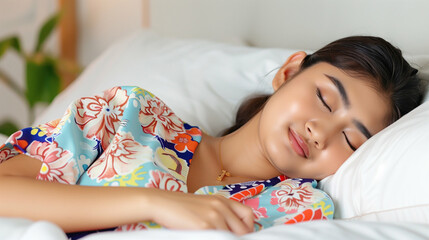 Sleeping Woman in a Peaceful State. A serene and calm young adult resting comfortably on a bed showcasing tranquility and relaxation in a cozy environment