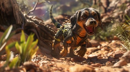 Obraz premium Playful Dog in Dinosaur Costume 3D Rendering in Prehistoric Landscape Close-Up