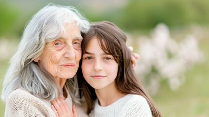 Fototapeta premium Woman and girl in a family portrait showcasing generational connection. Heartwarming moments captured in a serene outdoor setting with soft natural light highlighting their bond