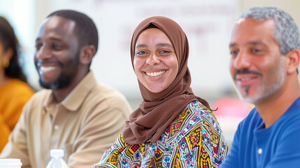 Naklejka premium Diverse group of people smiling together. Engaged interaction with joy and collaboration in a vibrant setting. Emphasizing multicultural unity and positive energy