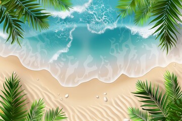 Tropical beach with ocean waves and palm leaves swaying in the breeze