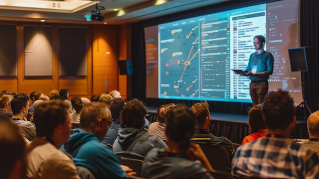 Technical Software Development Conference Presentation with Speaker and Engaged Audience