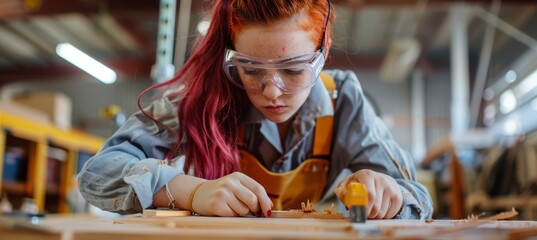 Focused Schoolgirl with Crimson Hair Working on Woodworking Project in Shop Class