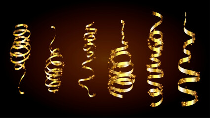 Gold confetti. Serpentine spiral ribbons. Golden luxury party decor.