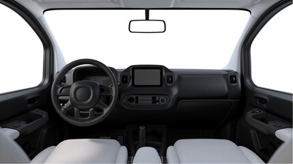 Generic car dashboard interior, steering wheel and dashboard pov, inside modern vehicle, automobile isolated on white or transparent background